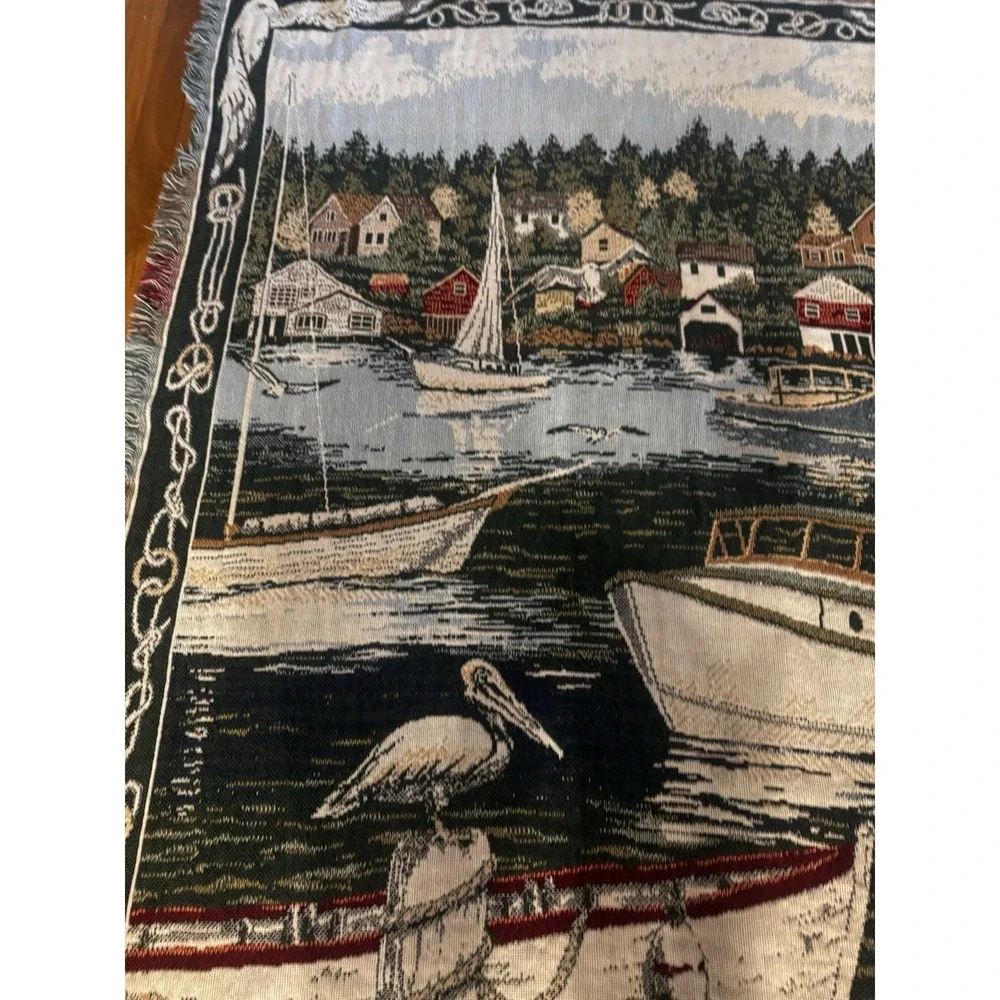 Vintage Tapestry Lake‎ Sailboat Birds Harbor Fringe Lap Blanket Throw Outdoors